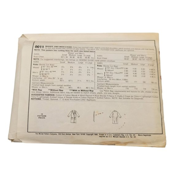 McCall's Quick Wrap Up Robe Misses Mens Sewing Pattern Size S - XL - Picture 2 of 2